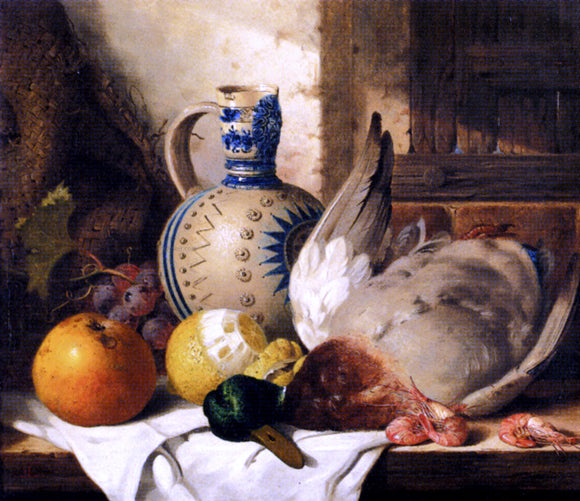  Edward Ladell Prawns, A Mallard, A Lemon, An Apple, Grapes And A Stoneware Jug On A Draped Wooden Ledge - Art Print