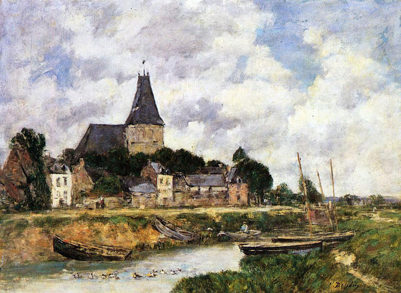 Eugene-Louis Boudin Quillebeuf, View of the Church from the Canal - Art Print