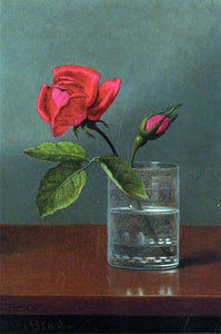 Martin Johnson Heade Red Rose and Bud in a Tumbler on a Shiny Table - Art Print