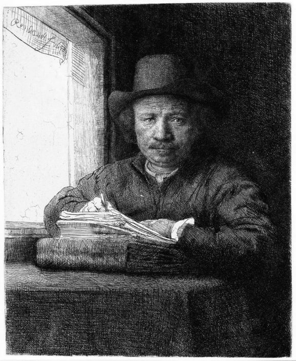  Rembrandt Van Rijn Rembrandt Drawing at a Window - Art Print