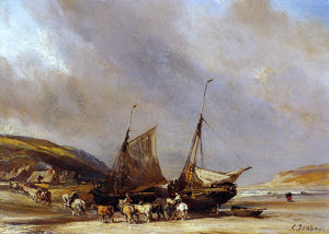  Eugene Isabey Riders on the Beach with Ship - Art Print