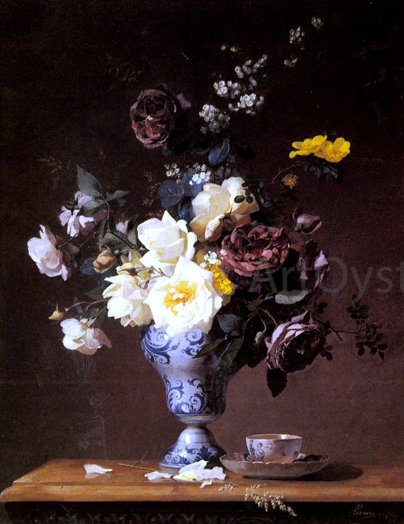  Francois Rivoire Roses and Other Flowers in a Blue and White Vase and a Teacup on a Ledge - Art Print