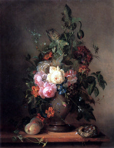  Francois-Joseph Huygens Roses, Morning Glory, Poppies and Tulips with Peaches and a Bird's Nest on a Wooden Ledge - Art Print