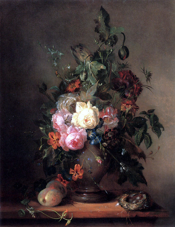  Francois-Joseph Huygens Roses, Morning Glory, Poppies and Tulips with Peaches and a Bird's Nest on a Wooden Ledge - Art Print