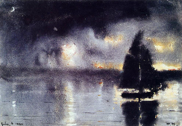  Winslow Homer Sailboat and Fourth of July Fireworks - Art Print