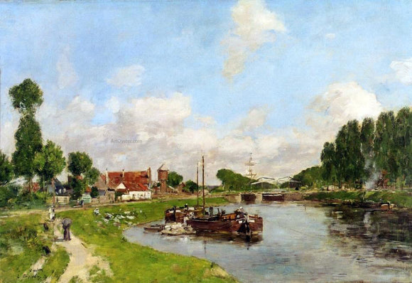  Eugene-Louis Boudin Saint-Velery-sur-Somme, Barges on the Canal - Art Print