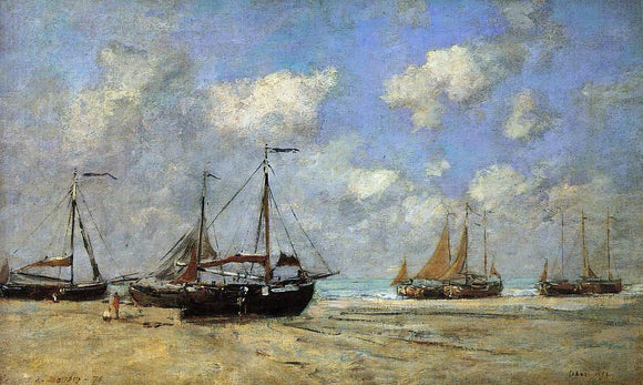  Eugene-Louis Boudin Scheveningen, Boats Aground on the Shore - Art Print