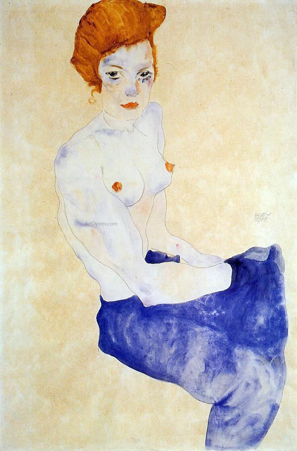  Egon Schiele Seated Girl with Bare Torso and Light Blue Skirt - Art Print