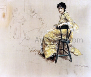  William Merritt Chase Seated Woman in Yello Striped Gown - Art Print