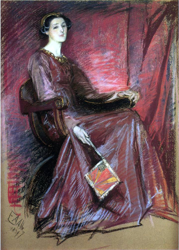  Edwin Austin Abbey Seated Woman Wearing Elizabethan Headdress - Art Print