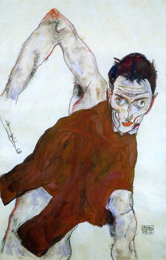  Egon Schiele Self Portrait in Jerkin with Right Elbow Raised - Art Print