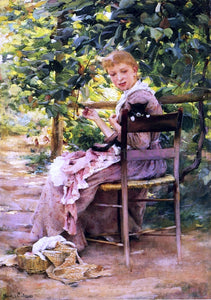  Francis Coates Jones Sewing in the Garden - Art Print