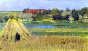  Isaac Ilich Levitan Sheaves and a Village Beyond the River - Art Print