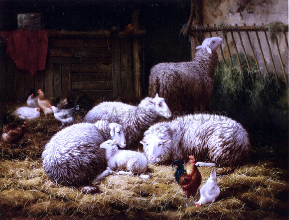  Theo Van Sluys Sheep, Roosters and Chickens in a Barn - Art Print