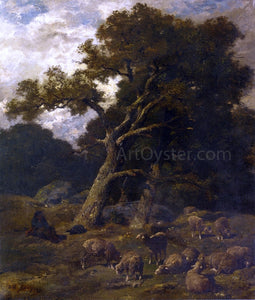  Charles Emile Jacque Shepherd and his Sheep in Fontaineblelau Forest - Art Print