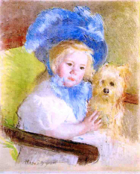  Mary Cassatt Simone in a Large Plumed Hat, Seated, Holding a Griffon Dog - Art Print