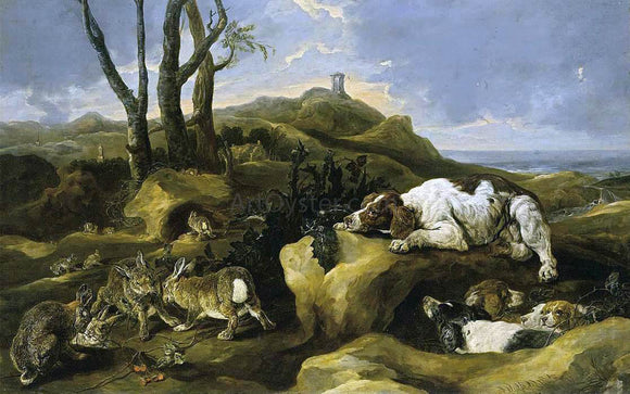  Jan Fyt Spaniels Stalking Rabbits in the Dunes - Art Print