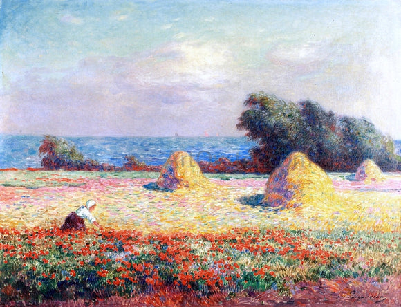  Ferdinand Du Puigaudeau Stacks of Hay and Field of Poppies - Art Print