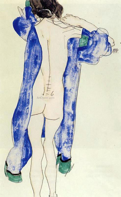  Egon Schiele Standing Female Nude in a Blue Robe - Art Print