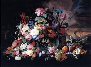  Severin Roesen Still Life of Flowers and Fruit with a River Landscape in the Distance - Art Print