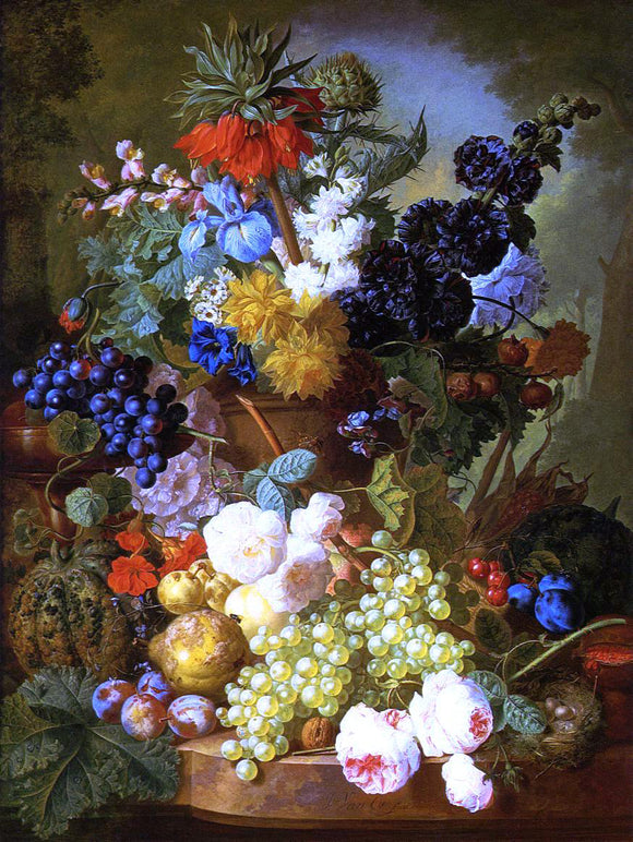  Jan Van Os Still Life of Flowers, Fruit and Bird's Nest on a Marble Ledge - Art Print