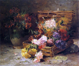  Eugene Henri Cauchois Still Life of Flowers in a Vase and a Basket - Art Print