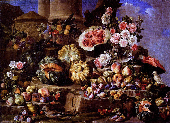  Michele Pace Del Campidoglio Still Life Of Fruit And Flowers On A Stone Ledge With Birds And A Monkey - Art Print