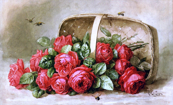  Raoul Paul Maucherat De Longpre Still Life, Roses with Bumble Bees - Art Print