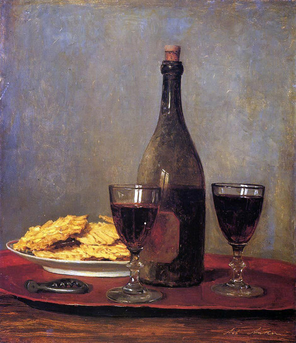  Albert Anker Still Life: Two Glass of Red Wine, a Bottle of Wine; a Corkscrew and a Plate of Biscuits on a Tray - Art Print