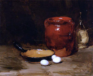  Antoine Vollon Still Life with a Pen, Jug, Bottle and Eggs on a Table - Art Print