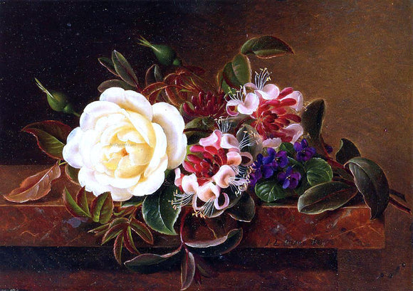  Johan Laurentz Jensen Still Life with a Rose and Violets on a Marble Ledge - Art Print