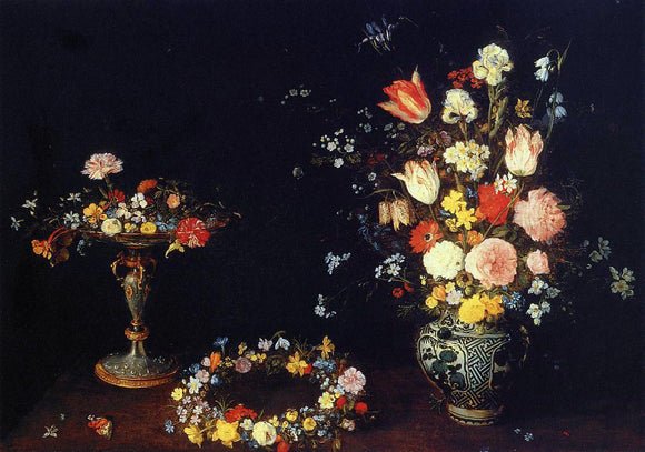  The Elder Jan Bruegel Still Life with a Tazza, Garland and Bouquet of Flowers in a Porcelain Vase - Art Print
