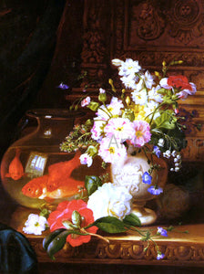  John Wainwright Still Life With Camellias, Primroses And Lily Of The Valley In An Urn By A Goldfish Bowl - Art Print