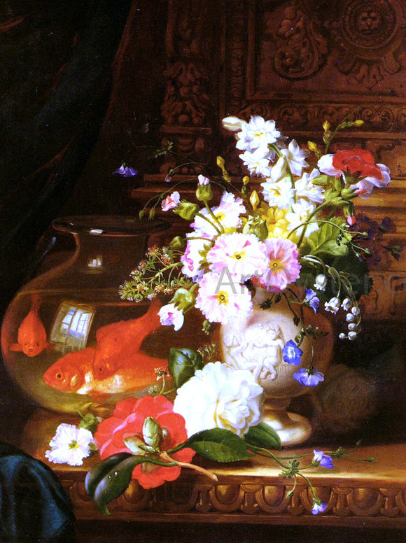  John Wainwright Still Life With Camellias, Primroses And Lily Of The Valley In An Urn By A Goldfish Bowl - Art Print