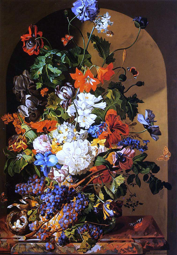  Leopold Zinnogger Still Life with Flowers and Grapes - Art Print