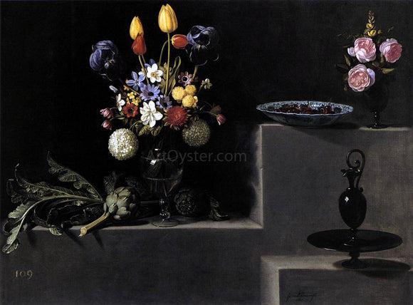  Juan Van der Hamen Still Life with Flowers, Artichokes, Cherries and Glassware - Art Print