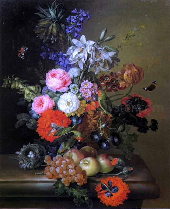  Franz Xavier Petter Still Life with Flowers, Parakeets and Butterflies - Art Print