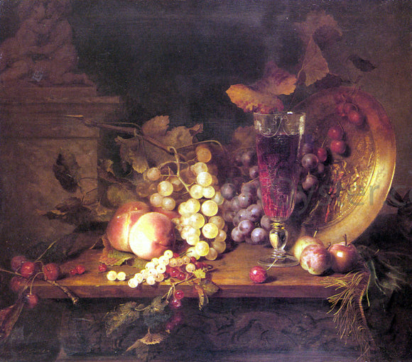  Blaise Alexandre Desgoffe Still Life with Fruit, a Glass of Wine and a Bronze Vessel on a Ledge - Art Print