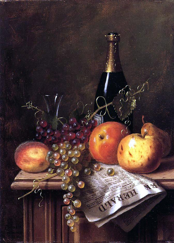  William Michael Harnett Still Life with Fruit, Champagne Bottle and Newspaper - Art Print
