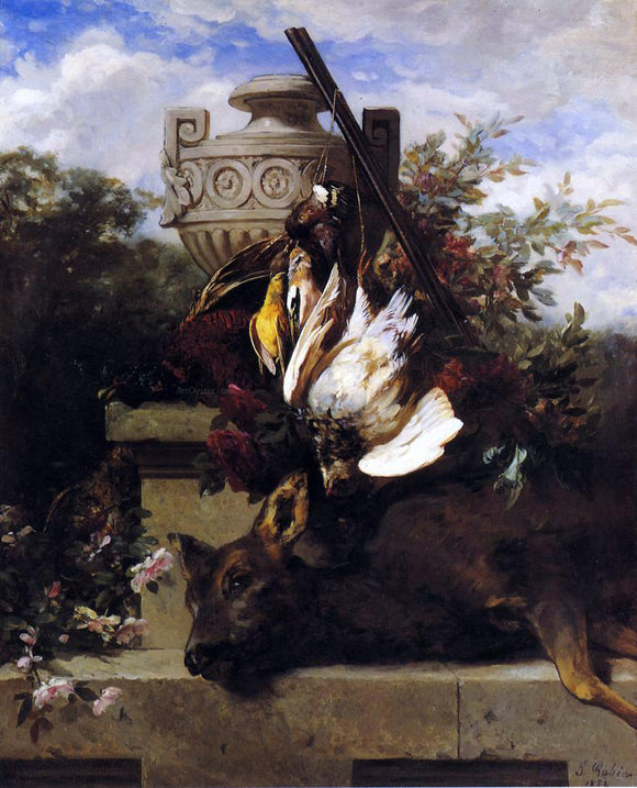  Jean Baptiste Robie Still Life with Game and a Rifle on a Marble Ledge with an Urn in a Flowery Landscape - Art Print