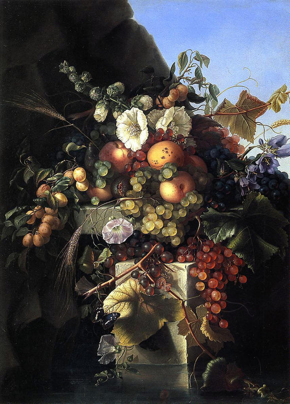  Adelheid Dietrich Still Life with Grapes, Peaches, Flowers and a Butterfly - Art Print
