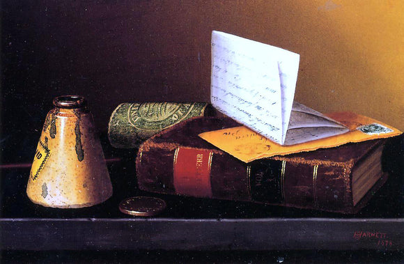  William Michael Harnett Still Life with Ink Bottle, Book and Letter (also known as Still Life with Universal Gazetteer) - Art Print