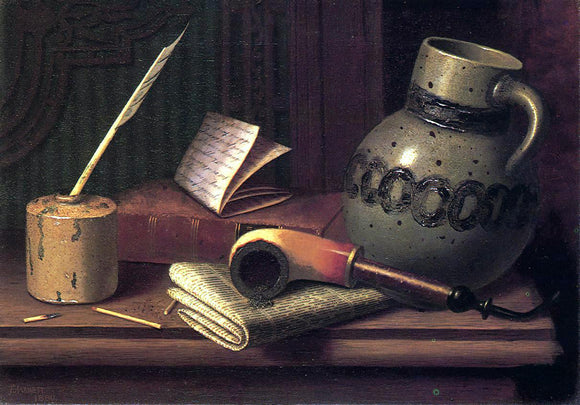  William Michael Harnett Still Life with Inkwell, Book, Pipe and Stoneware Jug - Art Print