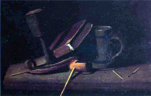  John Frederick Peto Still Life with Lamp, Pipe, Matches, Book and Mug - Art Print