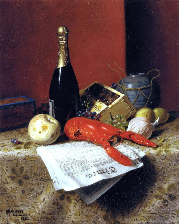  William Michael Harnett Still Life with Lobster, Fruit, Champagne and Newspaper - Art Print
