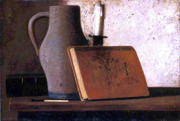  John Frederick Peto Still Life with Pitcher, Candlestock, Books and Match - Art Print