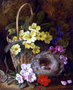  George Clare Still Life with Primroses, Violas, cherry Blossom and Geraniums and a Thrush's Nest - Art Print