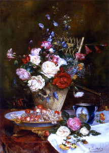  Eugene Henri Cauchois Still Life With Roses, Cherries And Grapes - Art Print