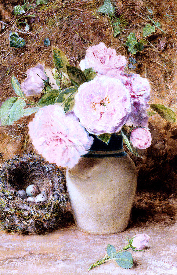  William Henry Hunt Still Life With Roses In A Vase And A Birds Nest - Art Print