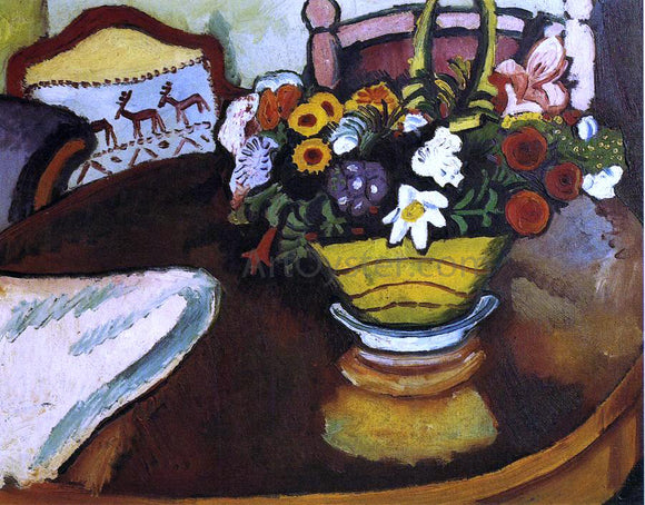  August Macke Still Life with Stag Cushion and Flowers - Art Print